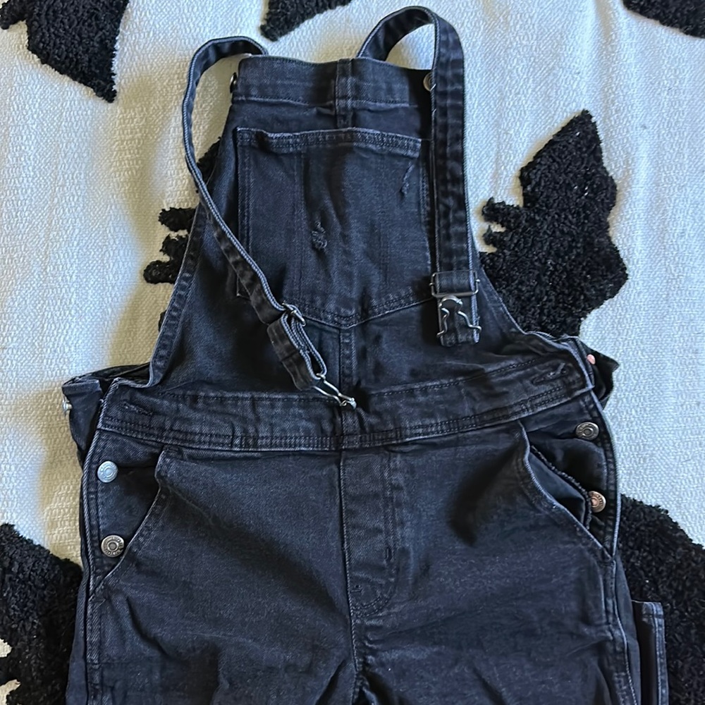 Black denim distressed overall
